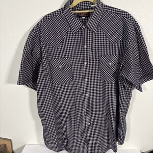 PLAINS WESTERN WEAR Men's Shirt XL Blue Plaid Cowboy Pearl Snaps Short Sleeve A2